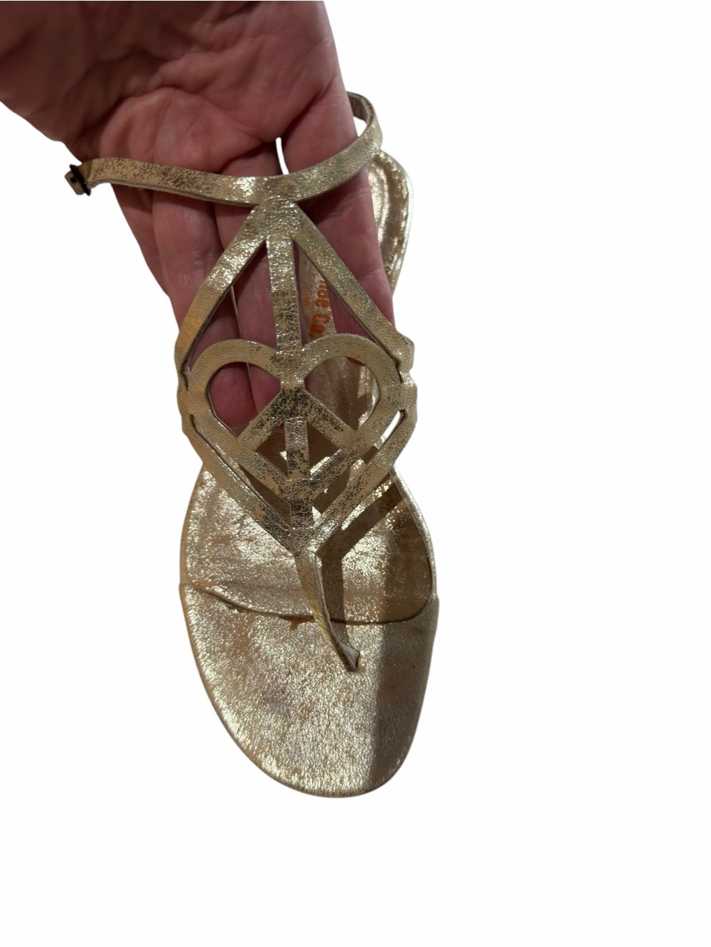 Right Bank Shoe Co. by Donald Pliner Distressed Gold Strappy Ankle Sandal Sz 7 - Picture 9 of 11